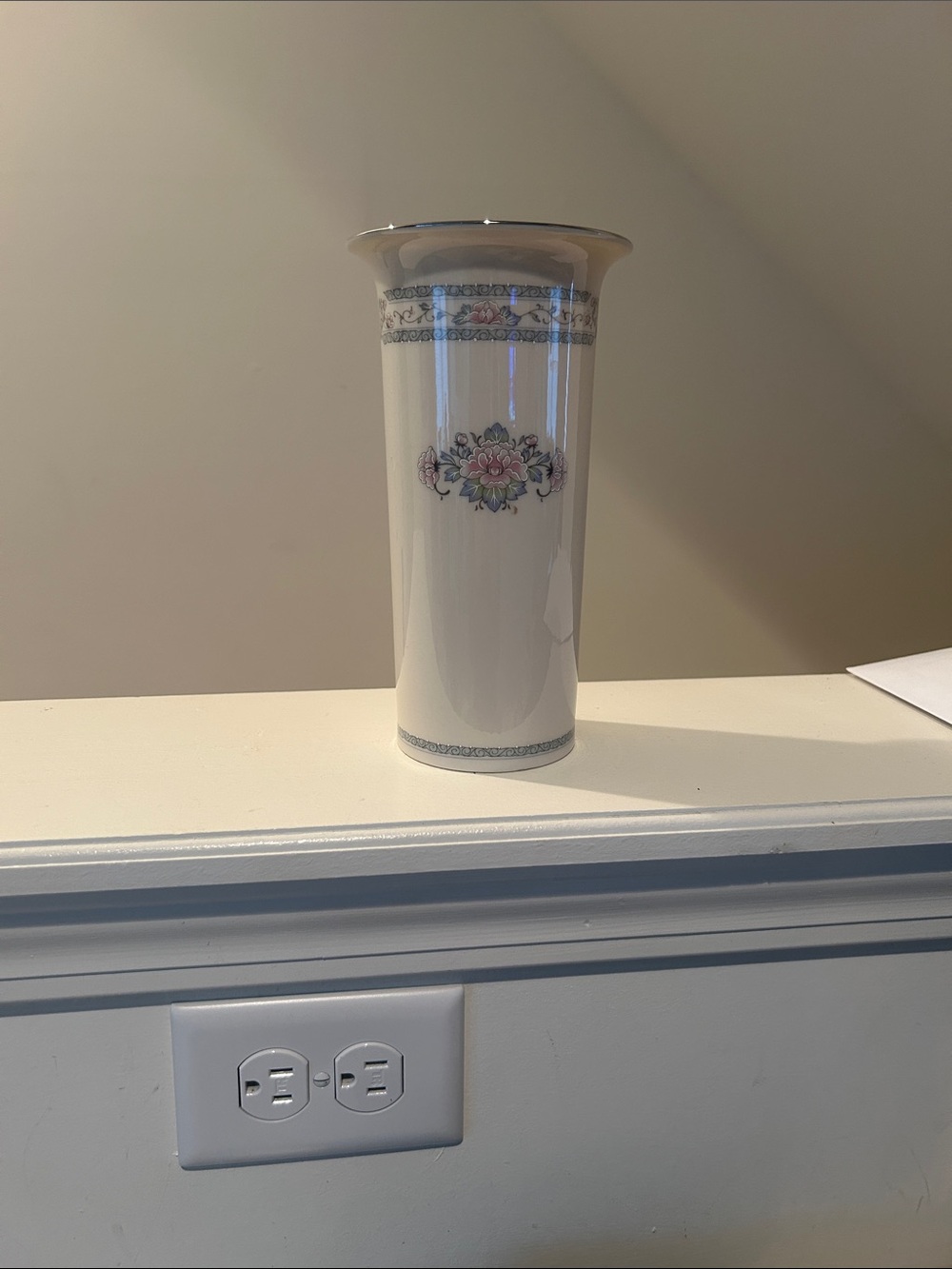 Elegant Cream Floral Porcelain Vase with Pink and Blue Accents,  Lenox